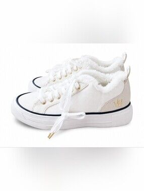 Oliver Thomas Women’s 9 White Faux Fur Sneakers Gold Accent Lace Up Casual Shoes